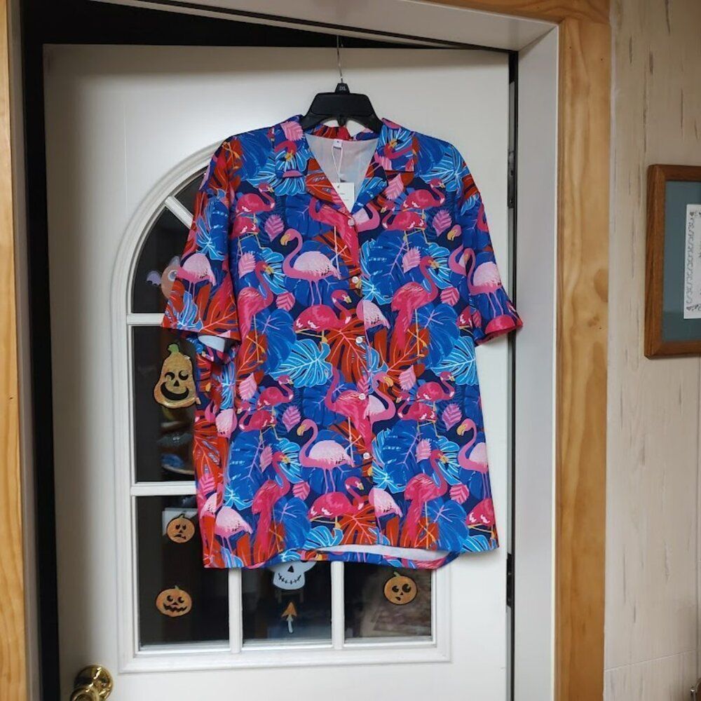 New Sangtree Multi-Color Tropical Flamingo Short Sleeve Button Down Shirt XL